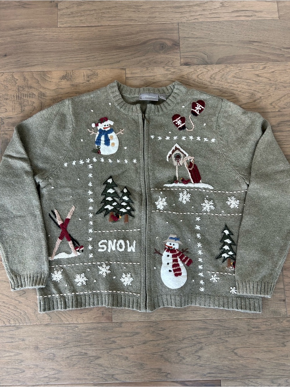 Croft & Barrow Olive Green Holiday Zip Cardigan SZ Petite Large